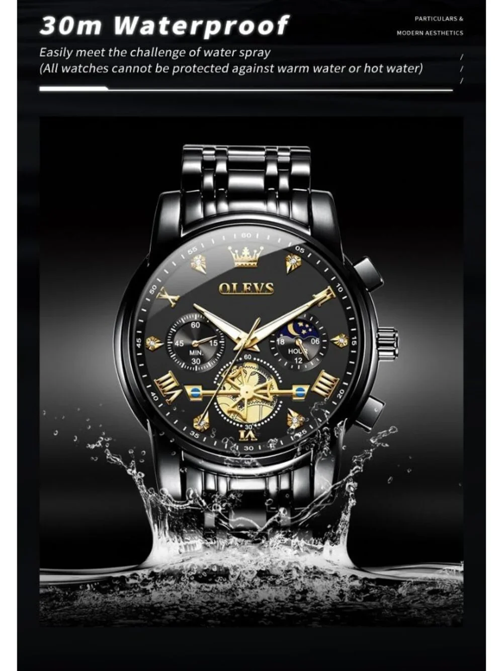 Men's Black Skeleton Stainless Steel Diamond Multi Calendar Chronograph Watch